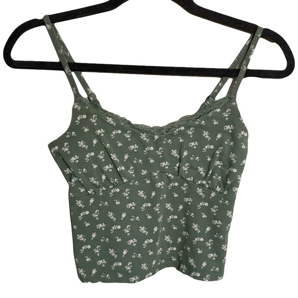Hollister Green Floral Y2K Lace Trim Milkmaid Babydoll Coquette Cami Tank Small - Picture 2 of 6